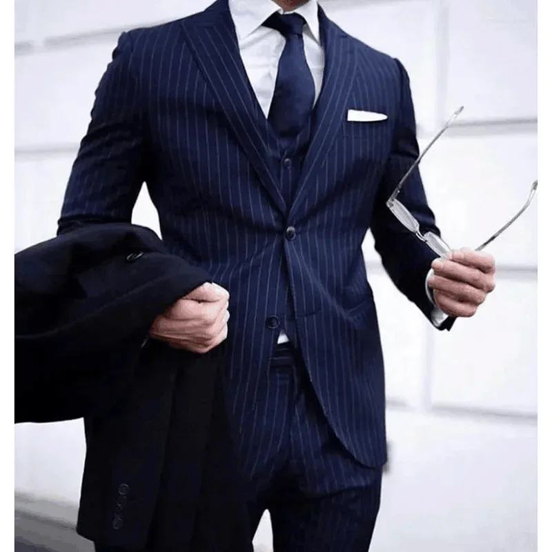 3 Piece Navy Blue Striped Suits for Men Slim Fit Groom Tuxedos Peak Lapel Business Formal Party Blazer Vest Pants Costume Homme