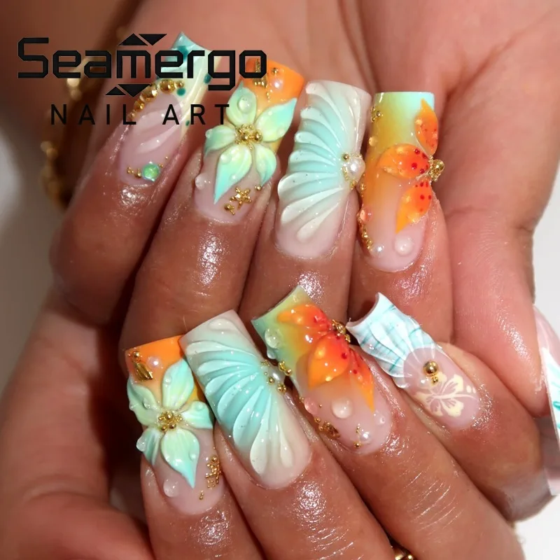 24PCS Summer Colorful Long Square False Nails with Glue 3D Flowers Tropical Blue Orange Gradient French Press on Fake Nails Tips