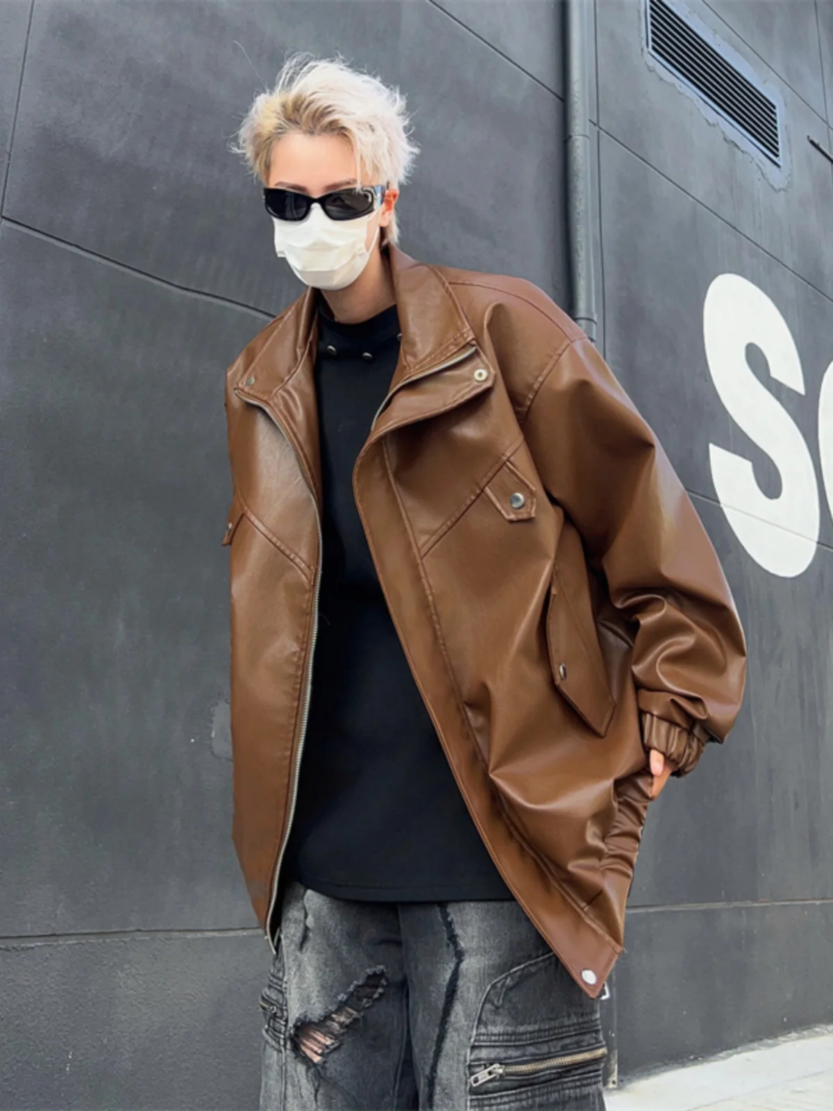 

American High Street Sle Men's Leather Jaet Spring Autumn Flight Coat Long Sve Zipper Decorated Casual Loose Fit Jeans...