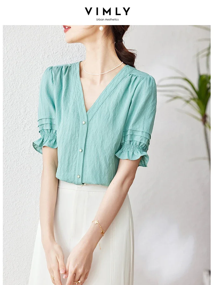 Vimly Elegant Summer Shirts & Blouses for Women V Neck Purple Fashion 2023 New Puff Sleeves Female Tops Straight Tops Clothing