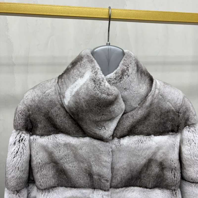 Women Real Rex Rabbit Fur Coat Stand Collar Short Jacket Chinchilla‑Look Pattern Horizontal Stripe Winter Warm Female Coat