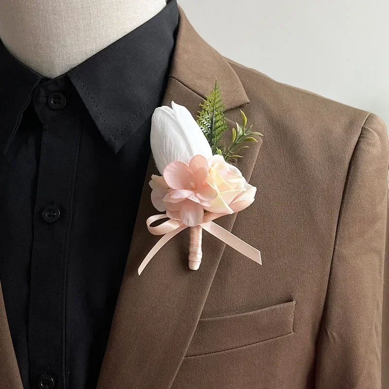 Boutonniere Aksesori Prom pernikahan anak laki-laki teman korsase bunga lubang kancing setelan kerah Pin bros bunga tulip buatan