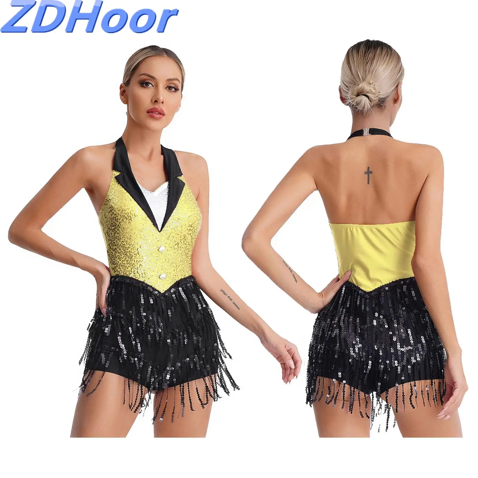 

Женский трико с бахромой для джаза и латиноамериканских танцев, костюм для выступлений, блестящий женский комбинезон с открытой спиной