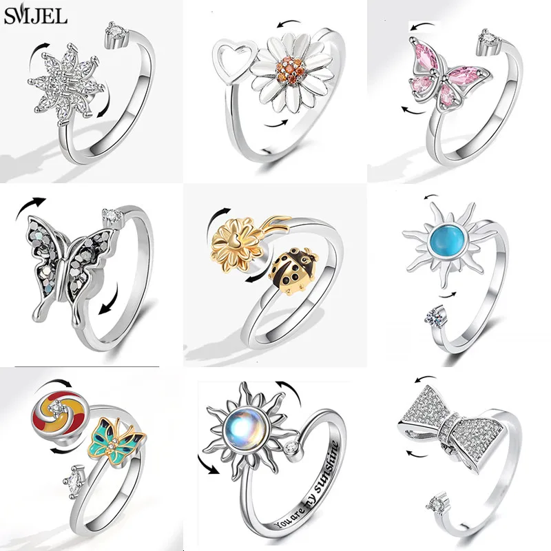 Modischer Sonnenblumen-Drehring gegen Angstzustände für Frauen, minimalistischer Schmetterlings-Sonnen-Spinner-Fidget-Ring, „Du bist mein Sonnenschein“-Schmuckgeschenk