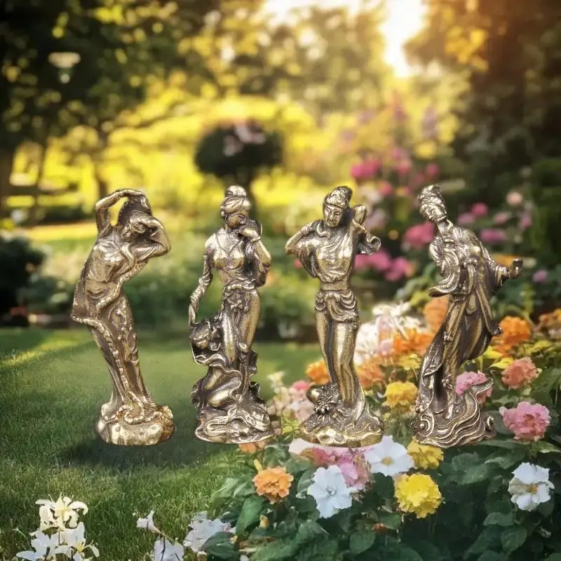 1/4Pcs Classic Chinese Ladies Brass Statues, Handmade Antique Figurine for Home/Office Decor & Collection, Perfect Gift