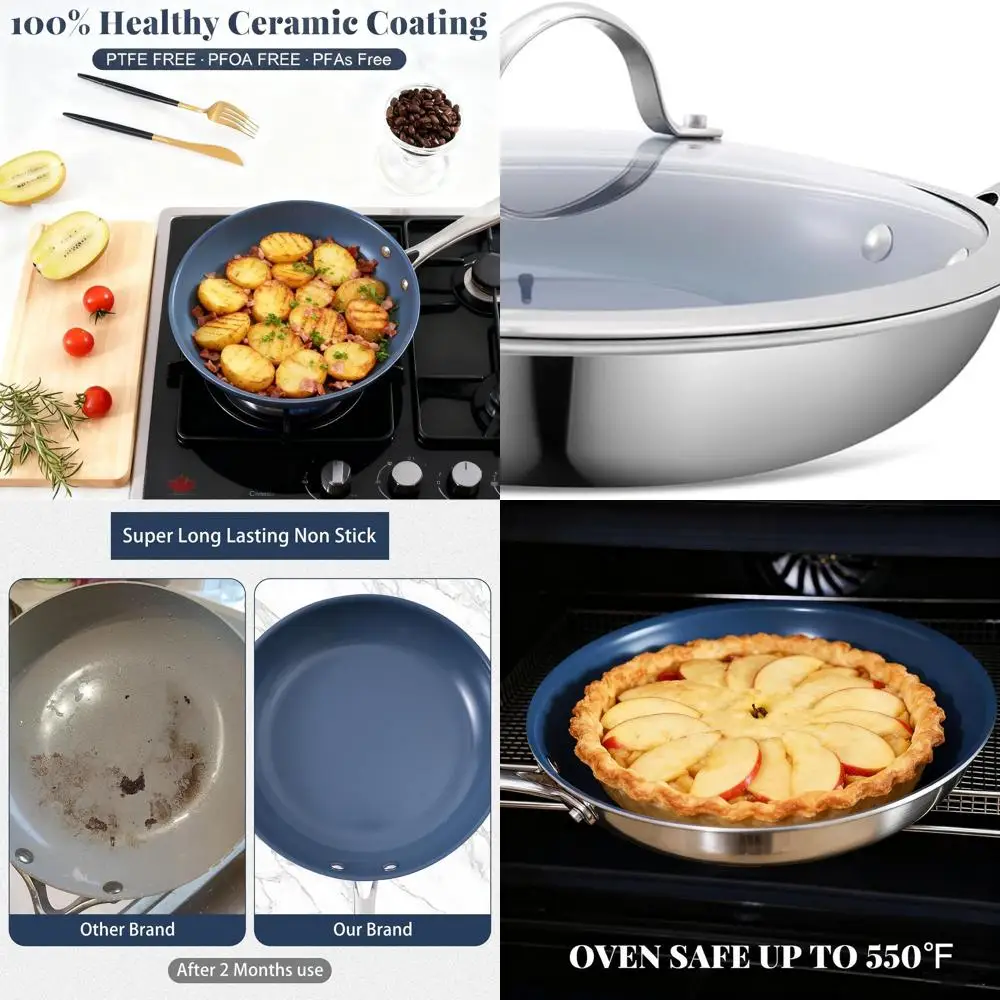 

10 Healthy Ceramic Coated Stainless Steel Frying Pan with Lid, Induction & Oven Safe, Non-Toxic, Dishwasher Friendly