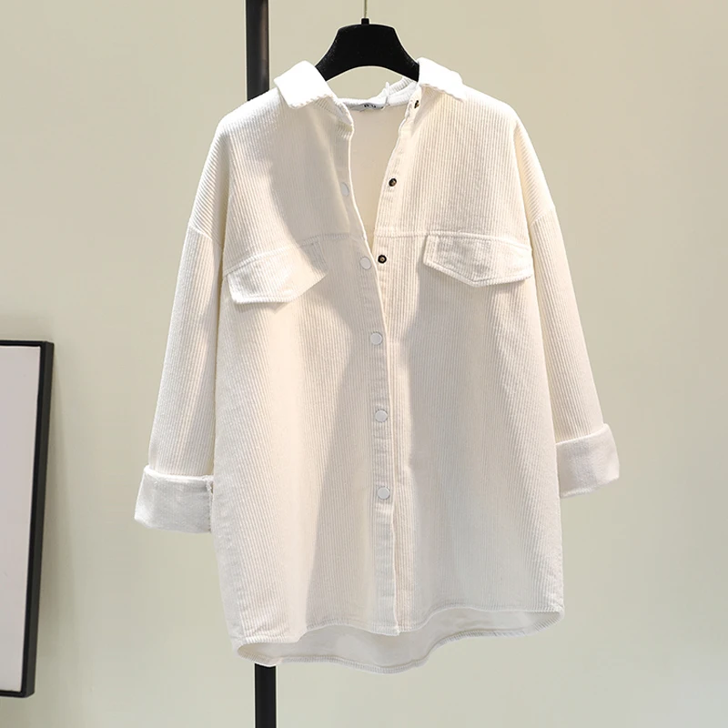 

Ladies' Loose Fit Long White Corduroy irt Jaet Spring Autumn Korean Sle Button up Casual Top Women's Faion