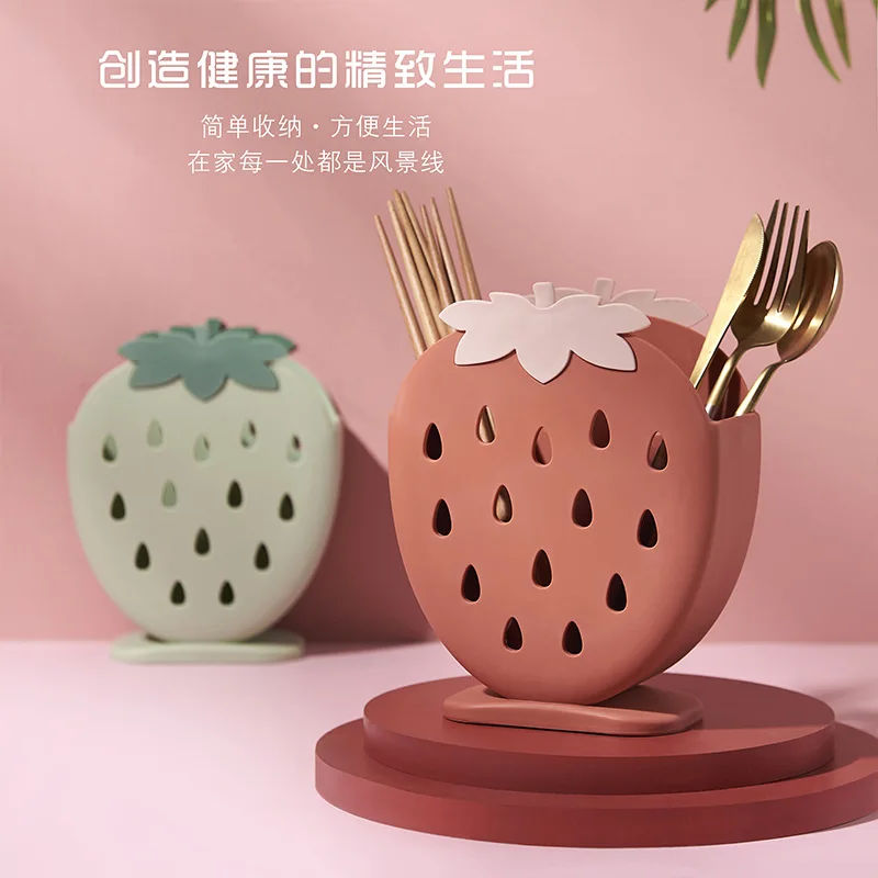 

Strawberry Chopsticks Cage Kitchen Standing Multifunctional Chopsticks Cage Double drain chopsticks box plastic chopsticks tube