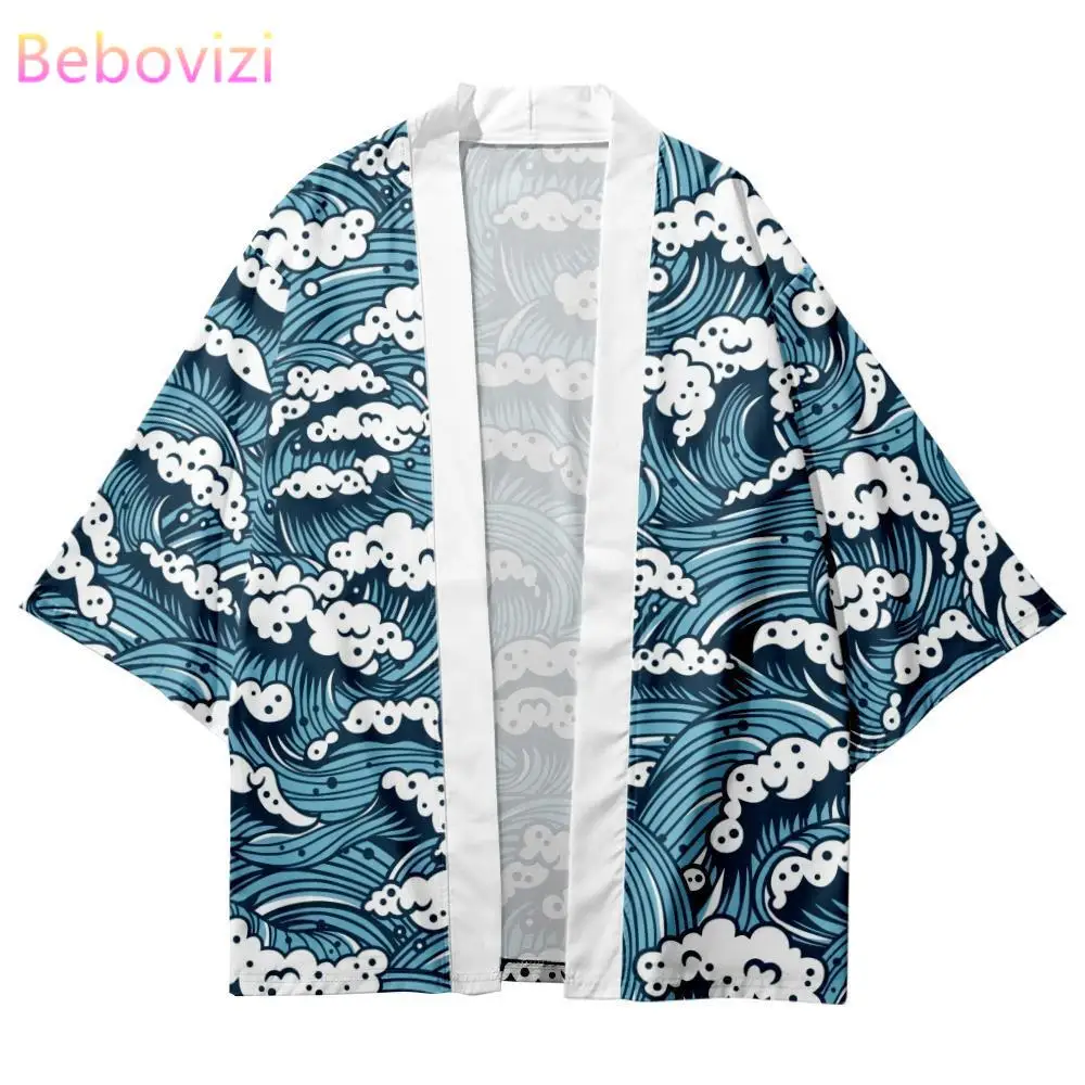 Kimono japonês com impressão de ondas azuis do oceano, casaco de praia casual, yukata, haori, para homens e mulheres, moda