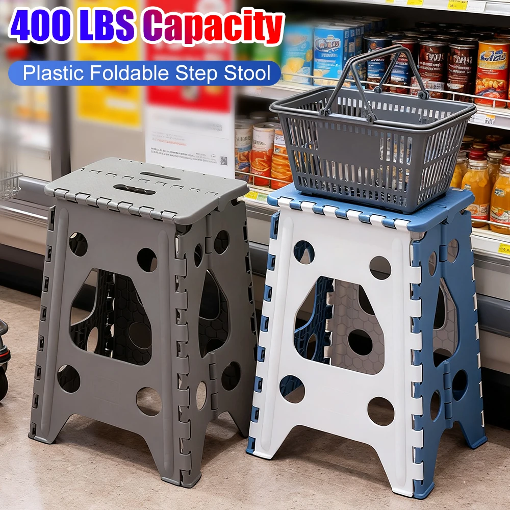 Taburete plegable de 18 pulgadas, capacidad de 400 libras, taburetes plegables antideslizantes, taburete grueso de mano multiusos, silla de plástico