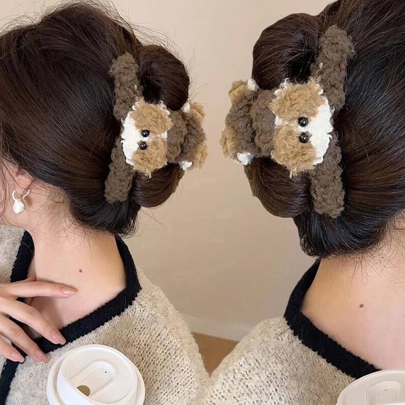 Pinza para el pelo de perro pequeño de invierno para mujer, pasador de cangrejo acrílico elegante, horquilla, accesorios para el cabello para niña, tocado peludo, pinza para el pelo