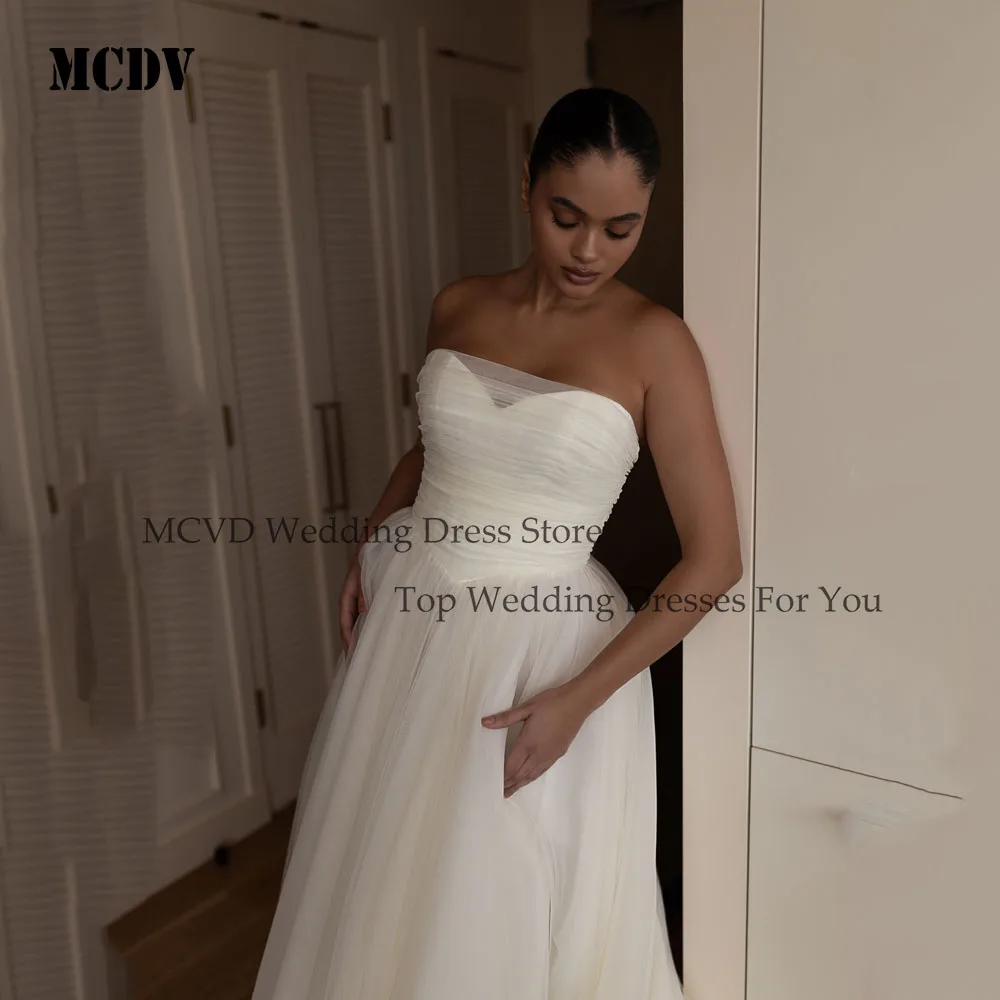 MCDV エレガントなサテンのウェディングドレス プラスサイズ ノースリーブ Aライン ストラップレス ベストド デ ノイバ カスタマイズされたスイープトレイン花嫁ドレス