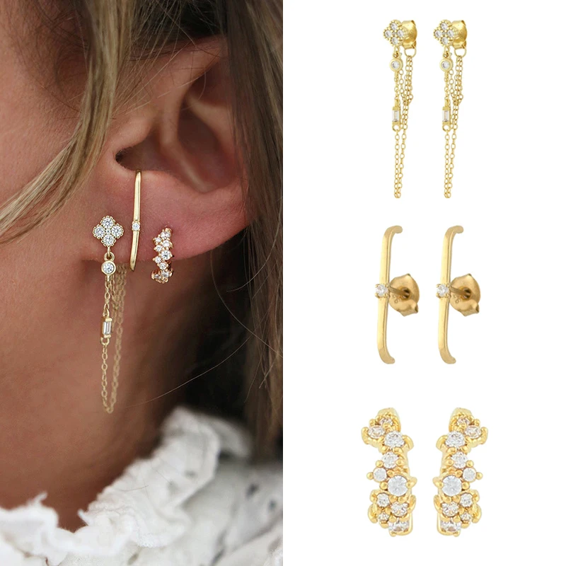 TIANDE-pendientes colgantes de doble cadena para mujer, Piercing de circón, aretes de aro, accesorios de joyería de moda, Color dorado, 2022