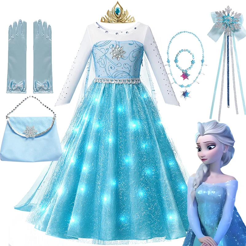 Frozen 2-vestidos de reina de la nieve para niñas, disfraces de Elsa con luz LED para fiesta de graduación, bata de juego, ropa de princesa Elsa, 2024