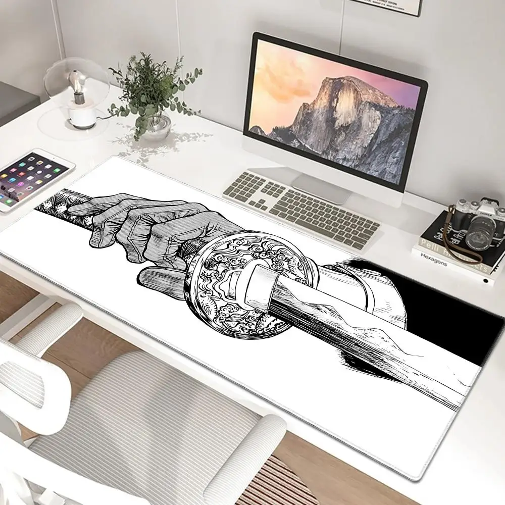 

Japanese Katana Sword Mouse Pad Large Black and White Computer Office Table Mat XL Rubber Anti-slip Keyboard Mat 100x50 Desk Mat