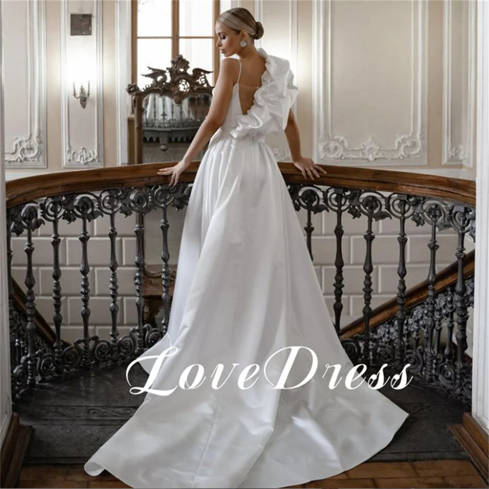 Love Elegant V-Neck Pleated One Shoulder Spaghetti Strap Stain Wedding Dresses A-Line Backless Detachable Tail Sexy Bridal Gowns