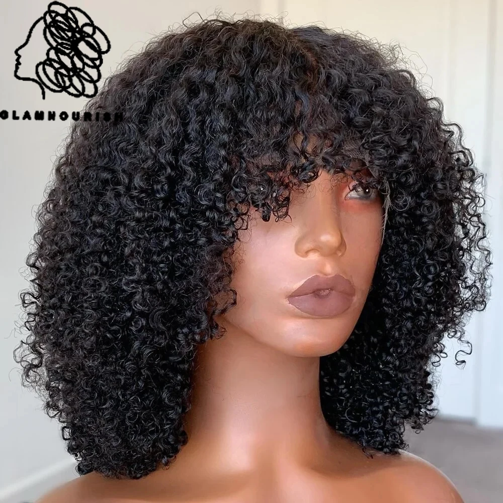 

Afro Kinky Curly Wig With Bangs Full Machine Made Scalp Top Wig 200 Density Remy Brazilian Short Kinky Curly Human Hair Wigs