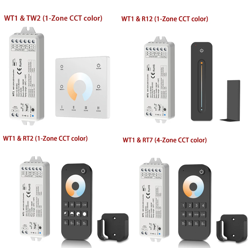 Tuya Wifi 2.4G RF WT1 LED ściemniacz DC12V 24V 2CH * 5A WW CW CCT bezprzewodowy kontroler zdalnego przyciemniania inteligentnego życia dla Alexa