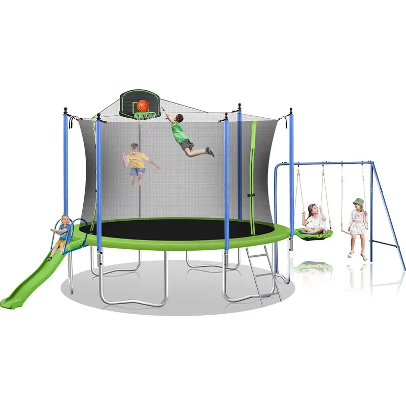 12ft Alloy Steel Trampoline Combination with Swing Slide Ladder Safety Net and Basketball Hoop Outdoor for Kids Adults Green