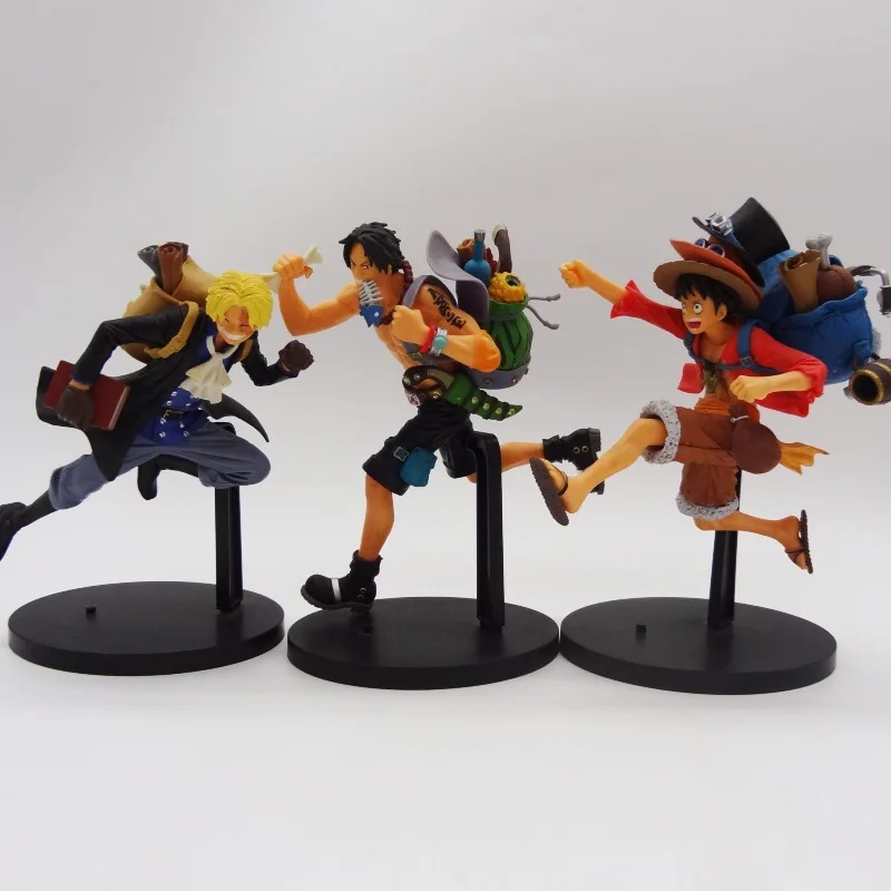 One Piece Rufy Ace Sabo Tre fratelli correnti con zaino Figura anime Modello Collezione di statue Decorazione desktop Ornamento giocattolo