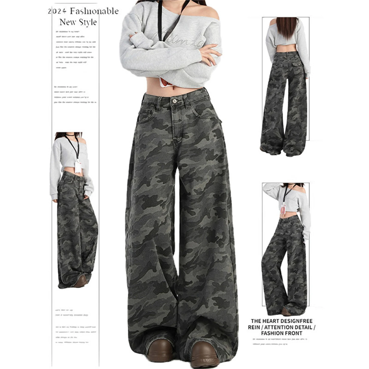 

Y2K Women's Camouflage Print Jeans Fashionable Baggy Wide Leg Pants High Waist Loose Fit Streetwear Trousers