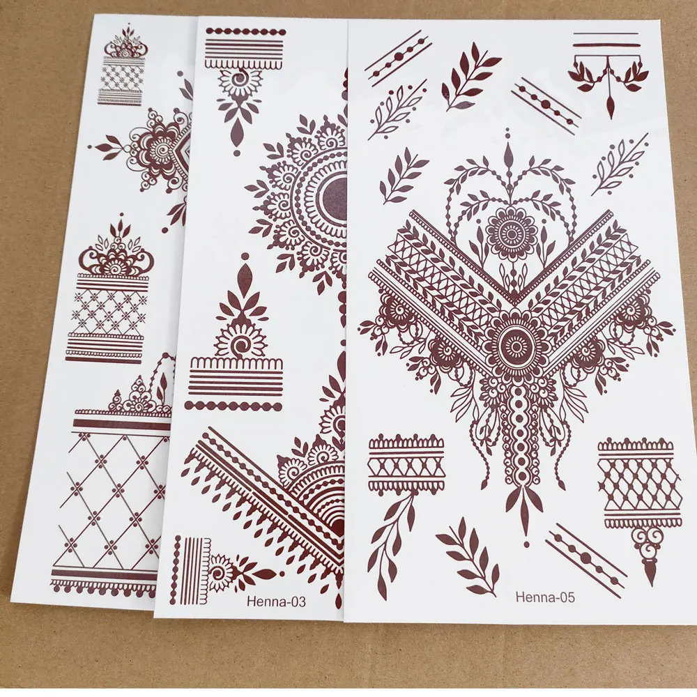 ملصقات وشم حناء بني مقاومة للماء للنساء على شكل زهرة وشم مزيف فوري لليد وشم مؤقت لمهرجان الزفاف