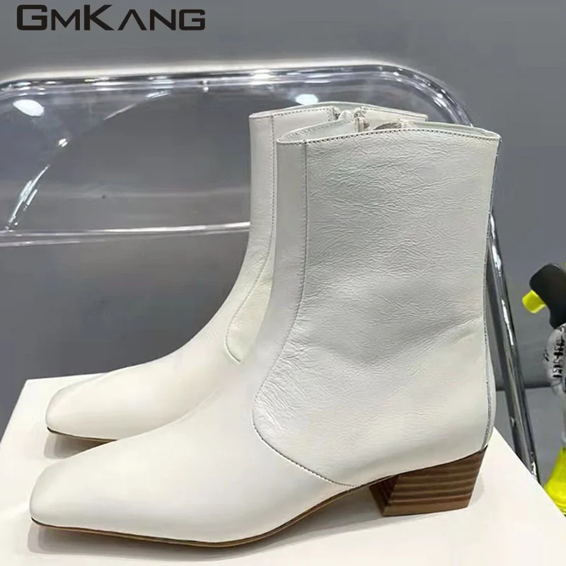Classic Square Toe Ankle Boots For Women Genuine Leather Modern Boots Lady Low Heel Runway Shoes Women Autumn Short Boots Woman