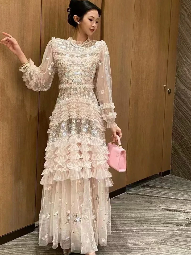 

Retro Court Sle Embroidered Tulle Dr Women's Waist Cinching Long Skirt Spring Summer Autumn High Waist Princ Sle