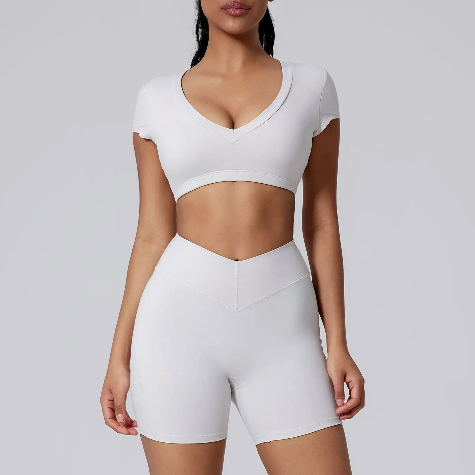 Women Outdoor Sports Sets Deep V Crop Tops Shorts Tracksuits Gym Running Training Yoga Suits Tops Short Leggins Tights 2 Pieces