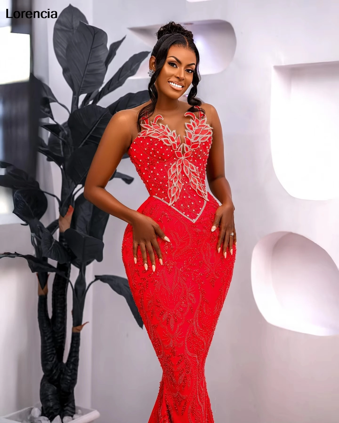 Lorencia Customized African Luxury Beaded Lace Prom Dress Beading Aso Ebi Wedding Reception Dress Black Women Party Gown YPD210