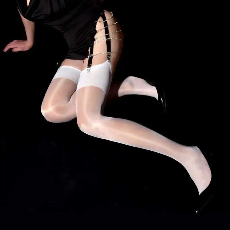 

12D Thigh High Oil Shiny Sexy Transparent Women Stockings Wide Rib Top Cuff Nylon Stockings Candy Color Over Knee Socks