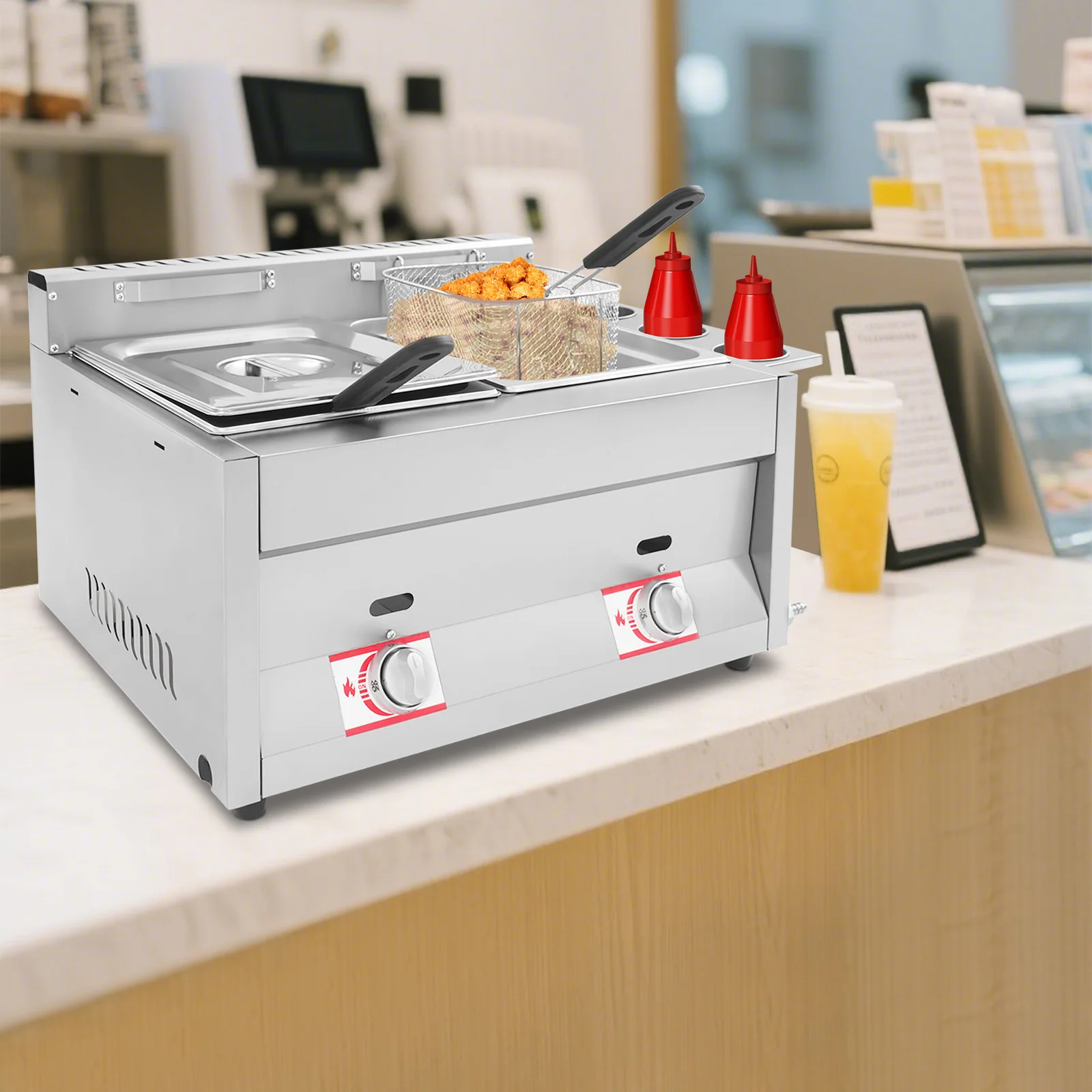 

6.34Qt Commercial Dual Tank Kitchen Deep Fryer, 430 Stainless Steel Gas Deep Fryer with Basket and Lid For Restaurant Snack Shop