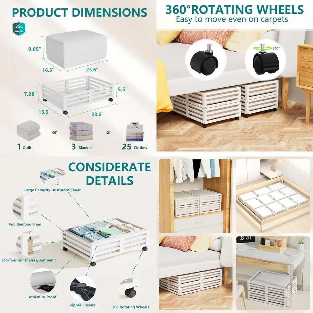 

Контейнеры для хранения под кроватью на колесиках с большим мешком для мусора, 2 шт., белые, маленькие органайзеры для обуви