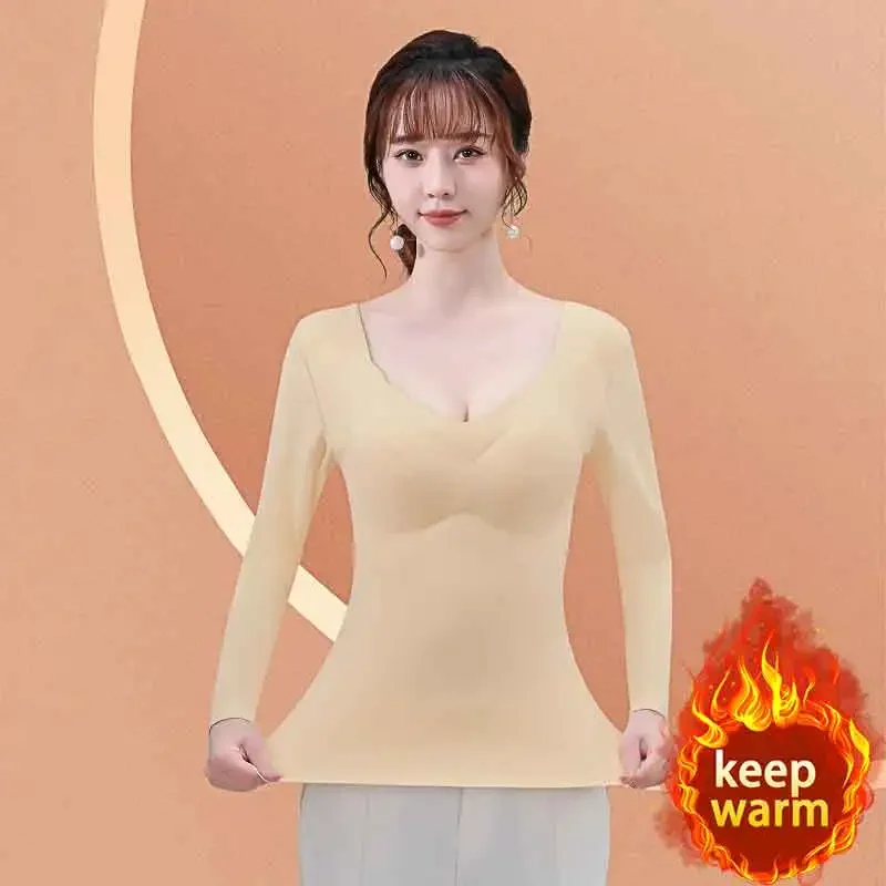 New Women Fall Thermal Top With Bra Long Sleeve Solid Low neckline Slim Tops Autumn And Winter For Women Design sense