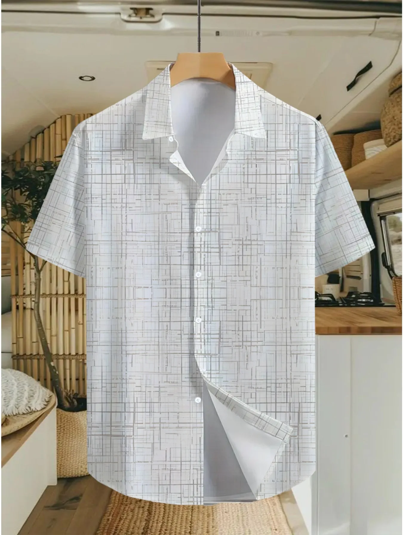 Men White Thin Chaotic Line Minimal Texture Vacation Collar Short Sleeve Shirt