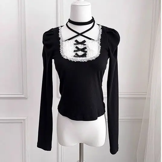 Jersey de Lolita, camisetas subcultura Vintage falsas, dos camisetas picantes para niñas, camisetas elegantes ajustadas con bonito lazo Kawaii dulce