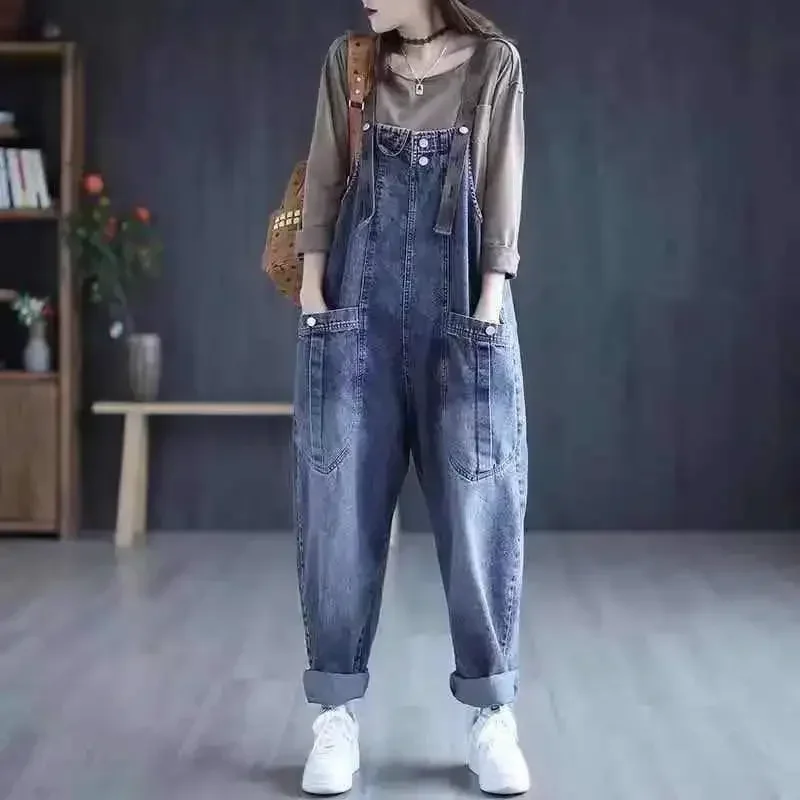 Jumpsuit Women Jeans Rompers New Retro Big Pocket Loose Denim Overalls Fashion Large Size Wide-leg Pants