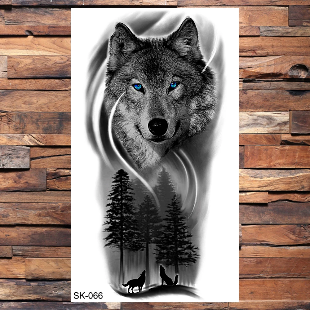 OMMGO Black Wolf Forest Tribal Feather Tattoos Temporary Sticker Tree Fierce Animal Fake Tattoo For Men Body Art Custom Tatoos