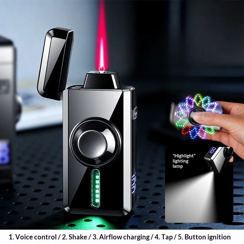 2026 Metall-Stimmenaktiviertes Feuerzeug mit Winddichter Roter Flamme, Butangas, Gyro-Farblicht, Digitaler Batterieanzeige und USB-Ladefunktion