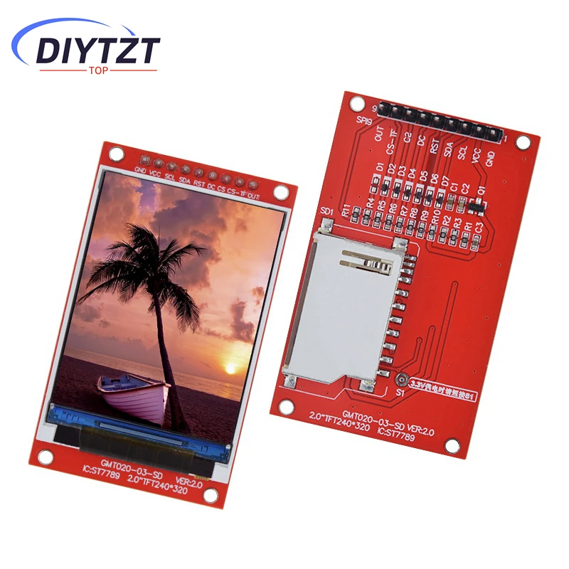 DIYTZT 2,0 inch TFT-scherm ST7789V Drive 240x320 Dot-Matrix SPI-interface voor Arduio Full Color LCD-displaymodule met SD-kaart
