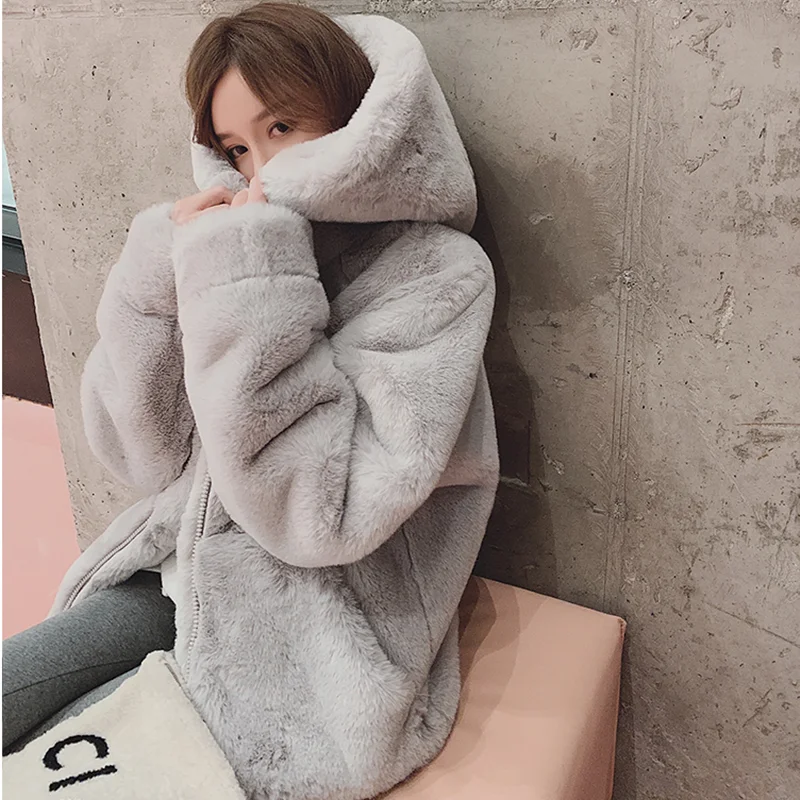 Chic Hooded Warm Loose Faux Rabbit Fur Jacket Winter Women Clothing Thick Zipper Fur Coat Korean High Quality Luxury Coat Design