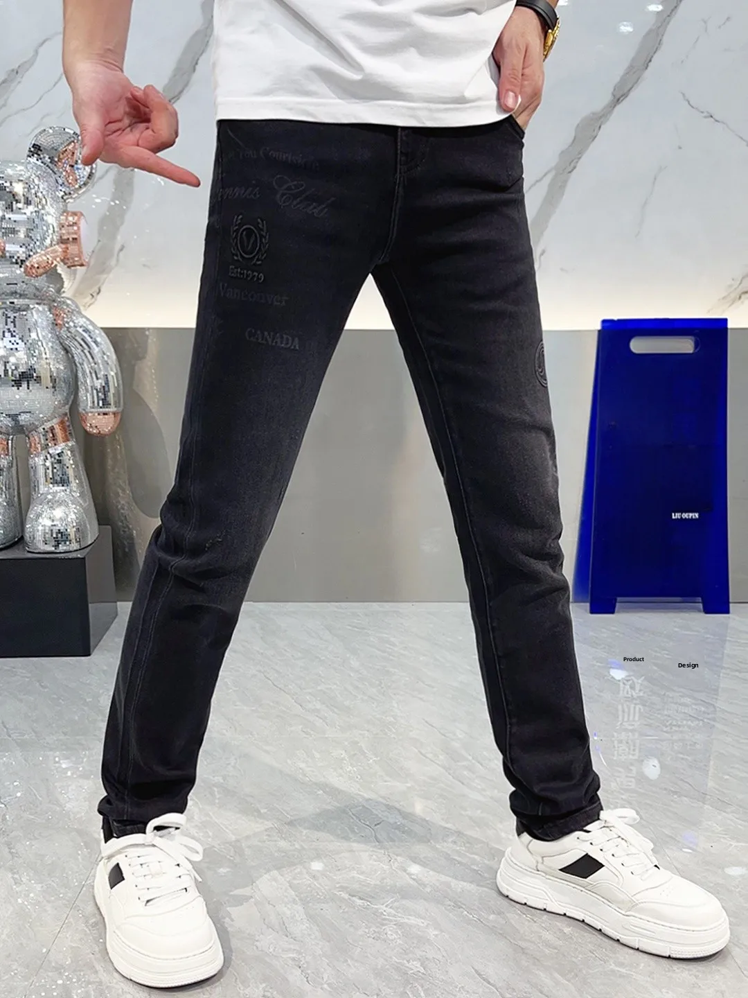 

Trendy Letter Print Slim Fit Jeans for Men Elastic Comfortable Stretchy Slimming Ankle-Length Casual Fashionable Autumn Winter