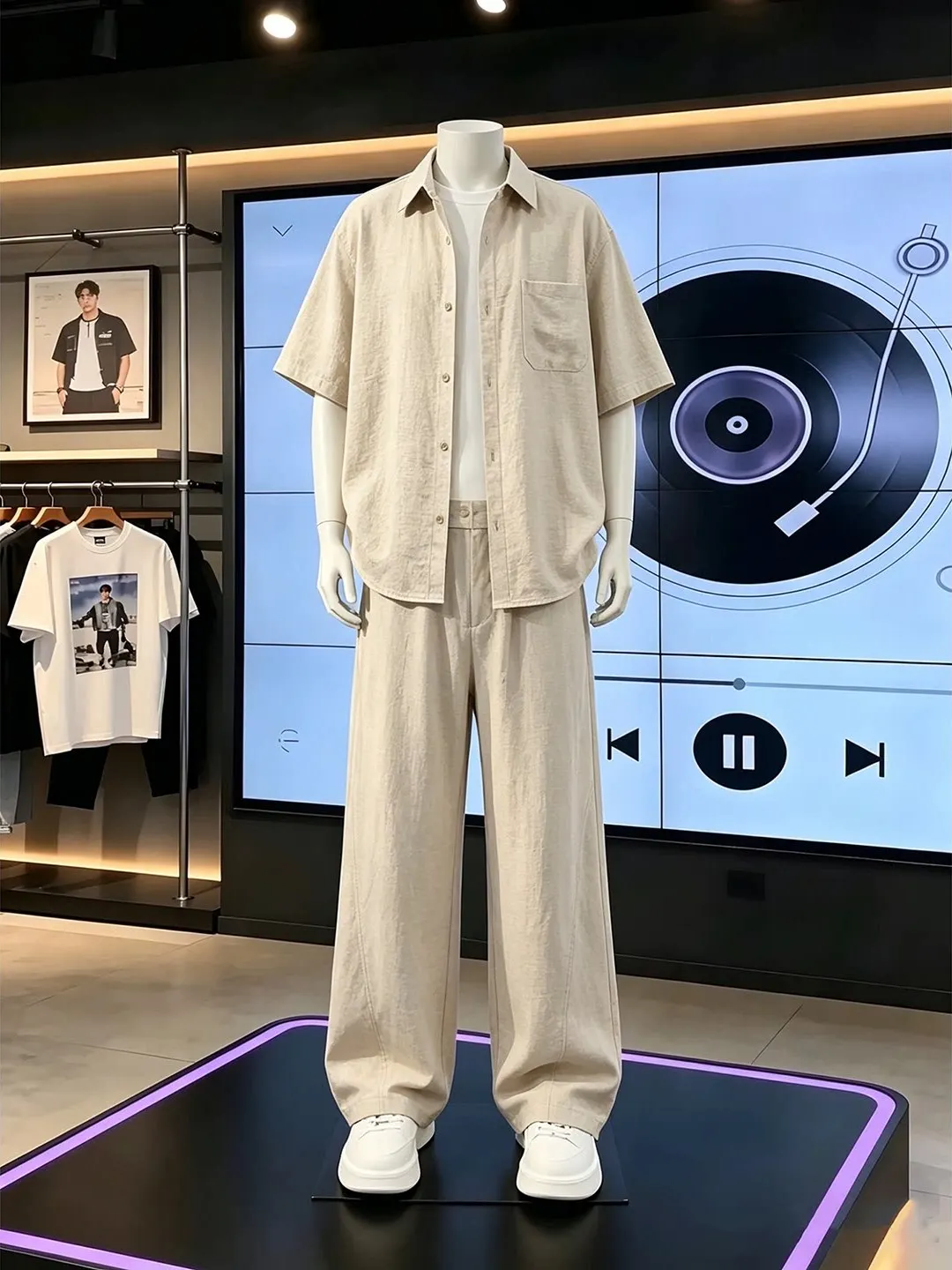 Casual Linen Men's Summer Thin Loose Feeling Short Sleeve Shirt Long Pants Two-Piece Set Lightweight Breathable Comfortable