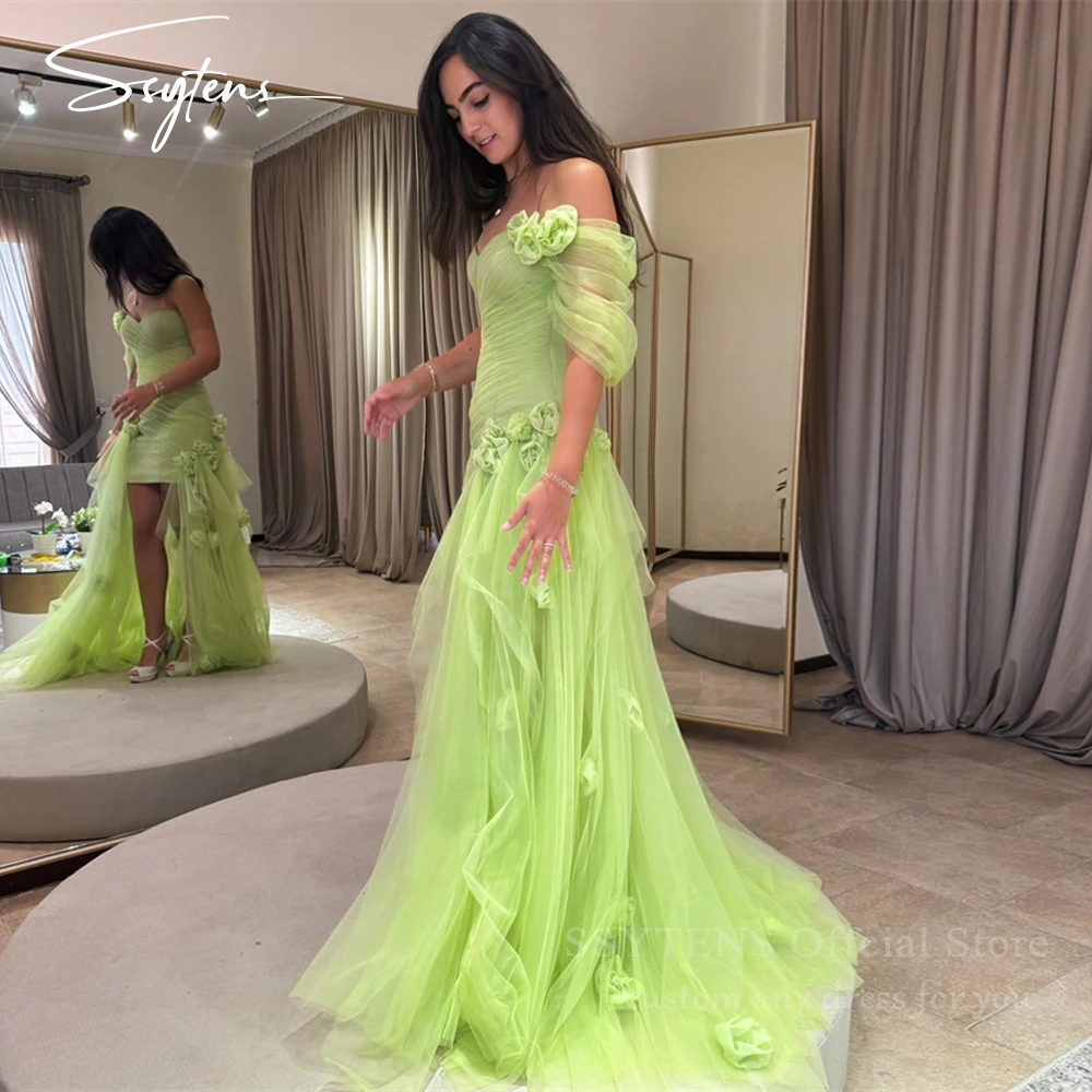 

Charming Flowers Long Prom Dresses One Shoulder Green Tulle Pleat Dubai Formal Evening Gowns Sweetheart Homecoming Party Dress