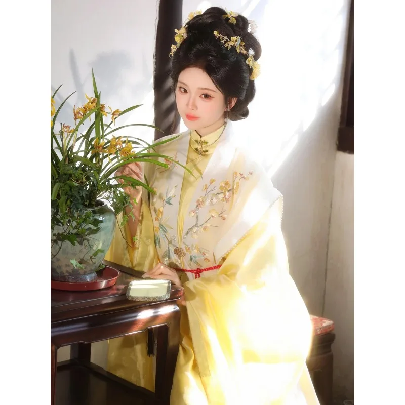 yellow-new-chinese-ming-made-hanfu-suit-embroidered-than-armor-stand-up-neck-long-shirt-thin-horse-dress-daily-antique-woman
