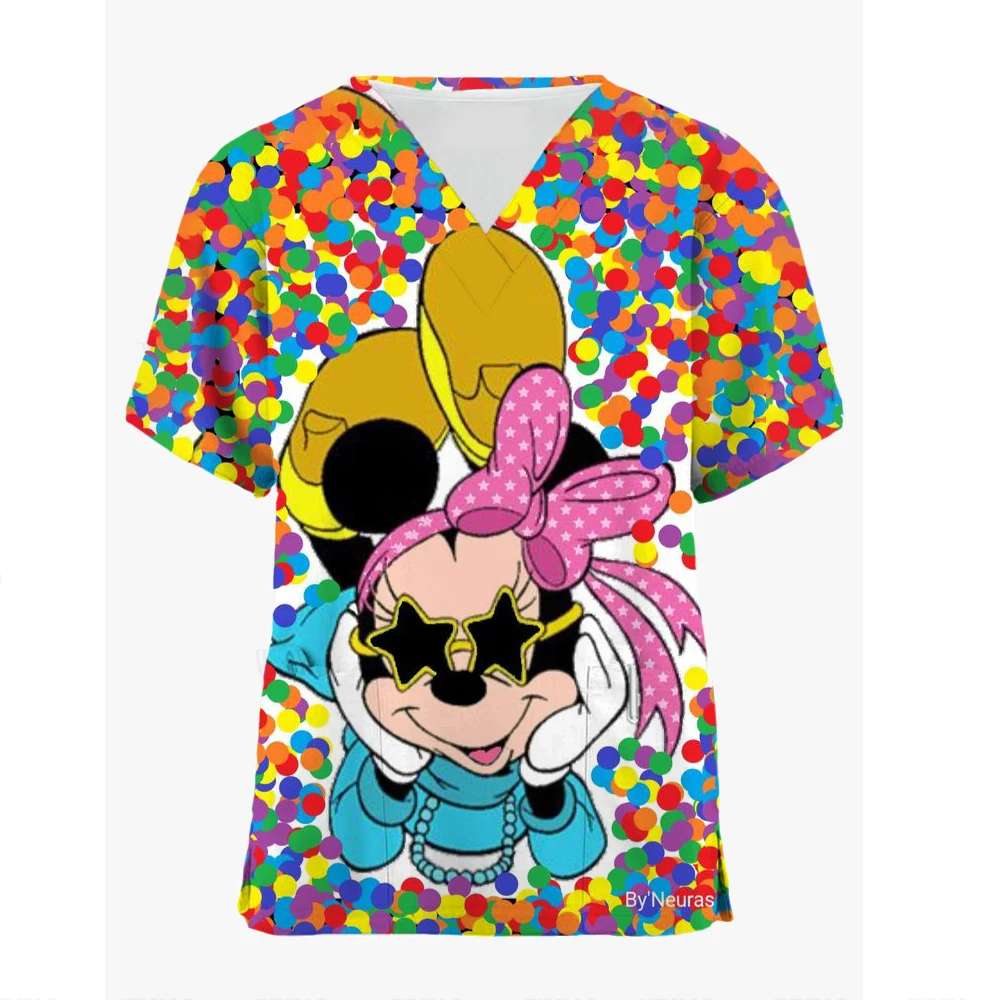 Women's Disney Mickey Minnie Scrub Short Sleeve V Neck Medical Uniform Tops Cartoon Work Nurse Uniform T Shirt Nursing Dress