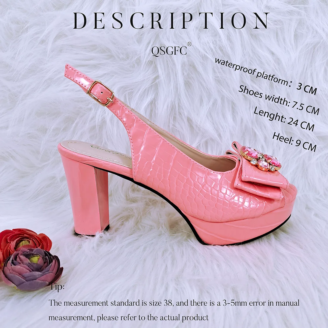 QSGFC African Newest Mature Classics Style Platform Design Rhinestone Decoration Party Wedding Shoes and Bag in Pink Color