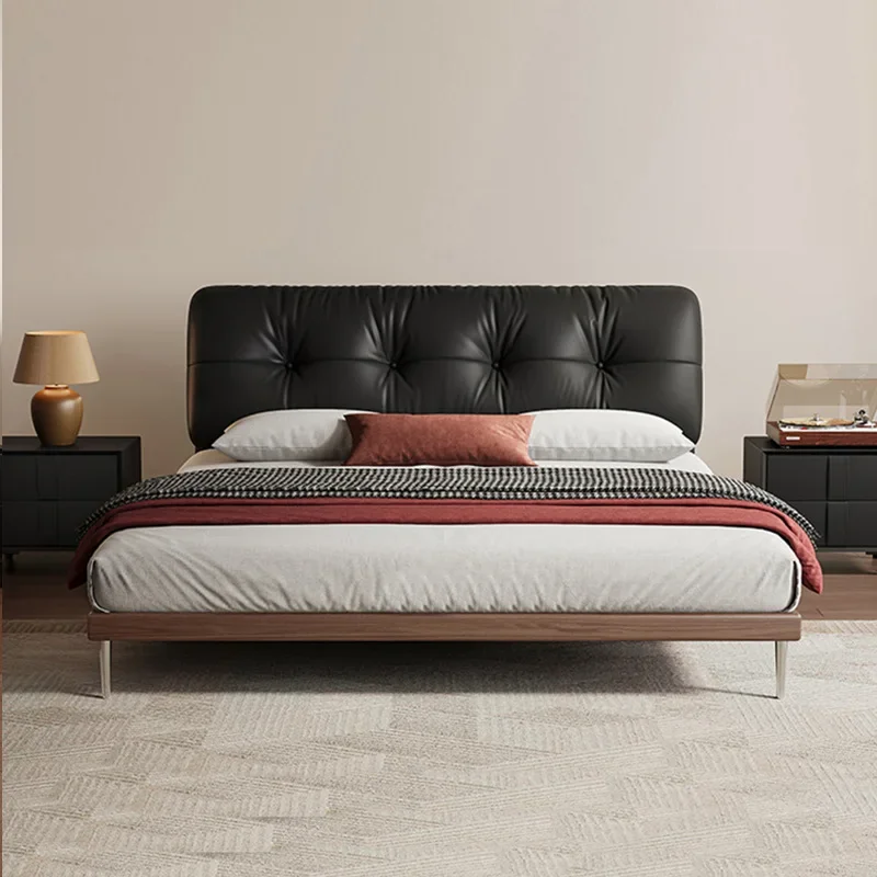 Massief houten retro eenvoudig leren bed