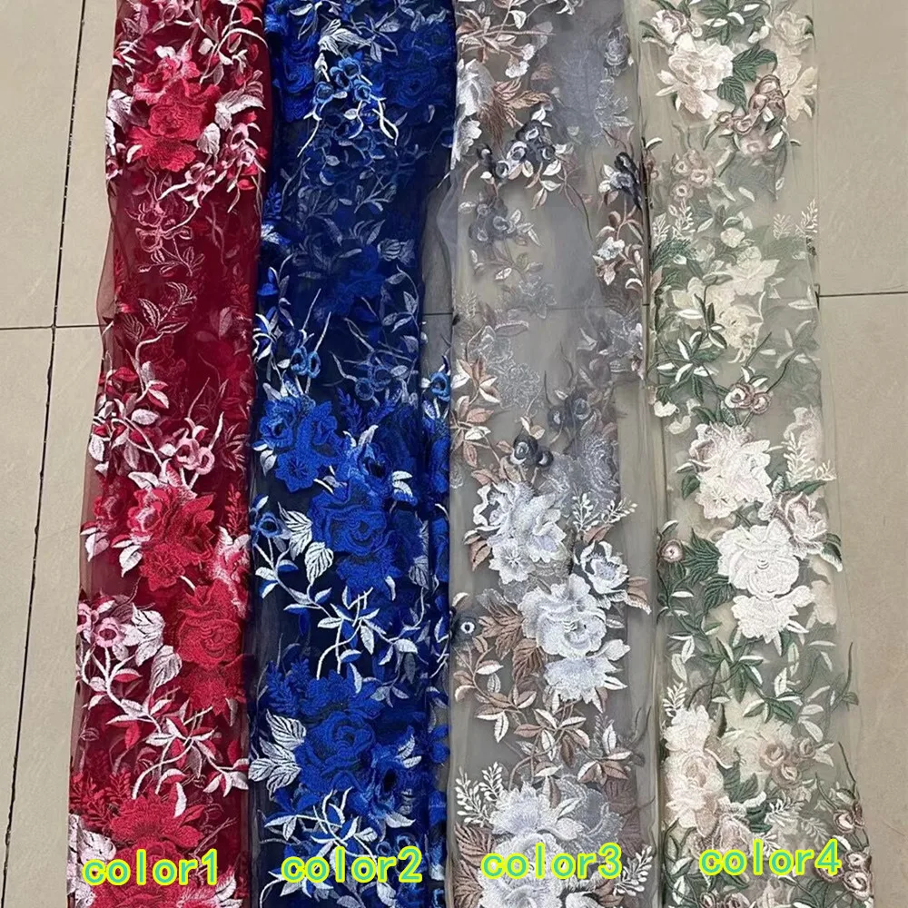 High Density 1Yard Blue Green Red Flower Embroidery Mesh Net Fabric African Lace Sewing On Wedding Dress Clothing Decoration Diy