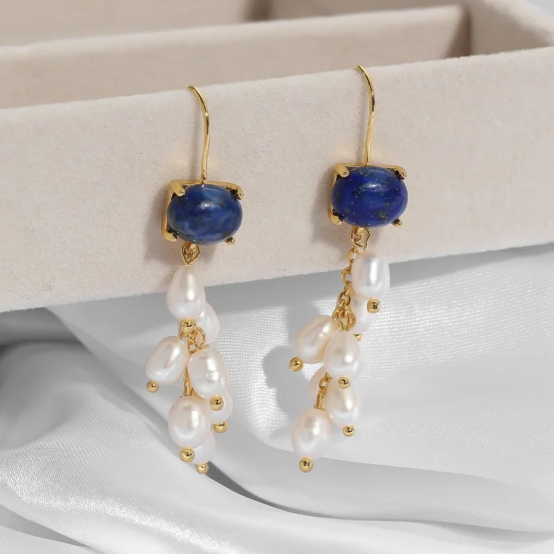 

Retro Classic Baroque Pearl Tassel Earrings Fairy Style Light Luxury Natural Lapis Lazuli Stone High-end Long Tassel Earrings